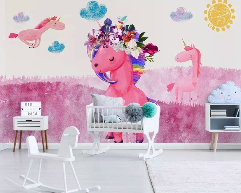Cartoon Pink Unicorn Drawing Art Wallpaper Mural