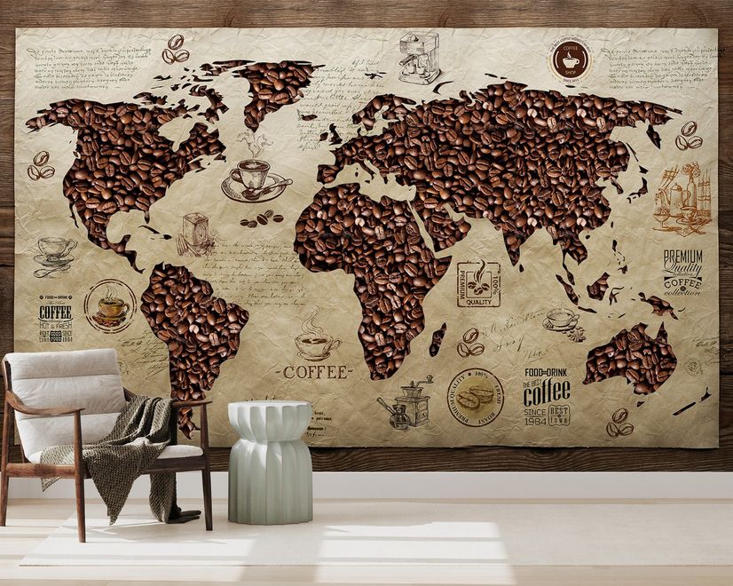3D Looking Coffee Map Wallpaper Mural