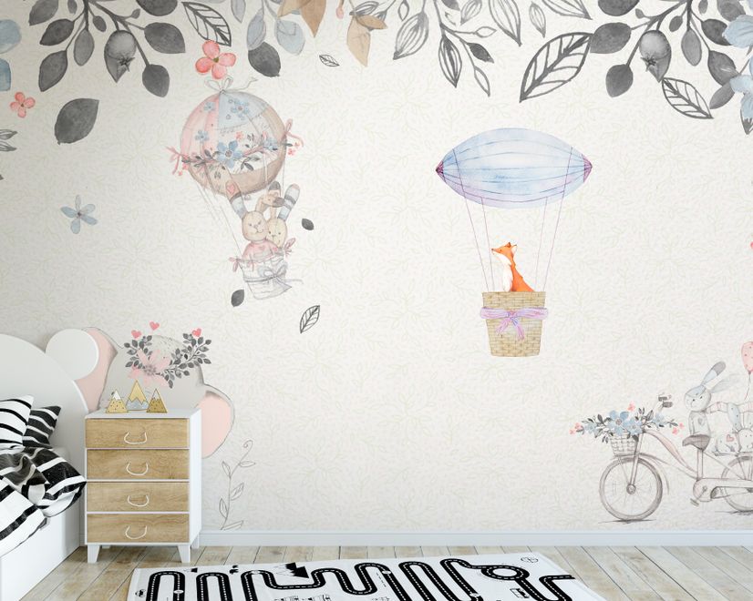 Baby Elephant with Hot air Balloons Wallpaper Mural