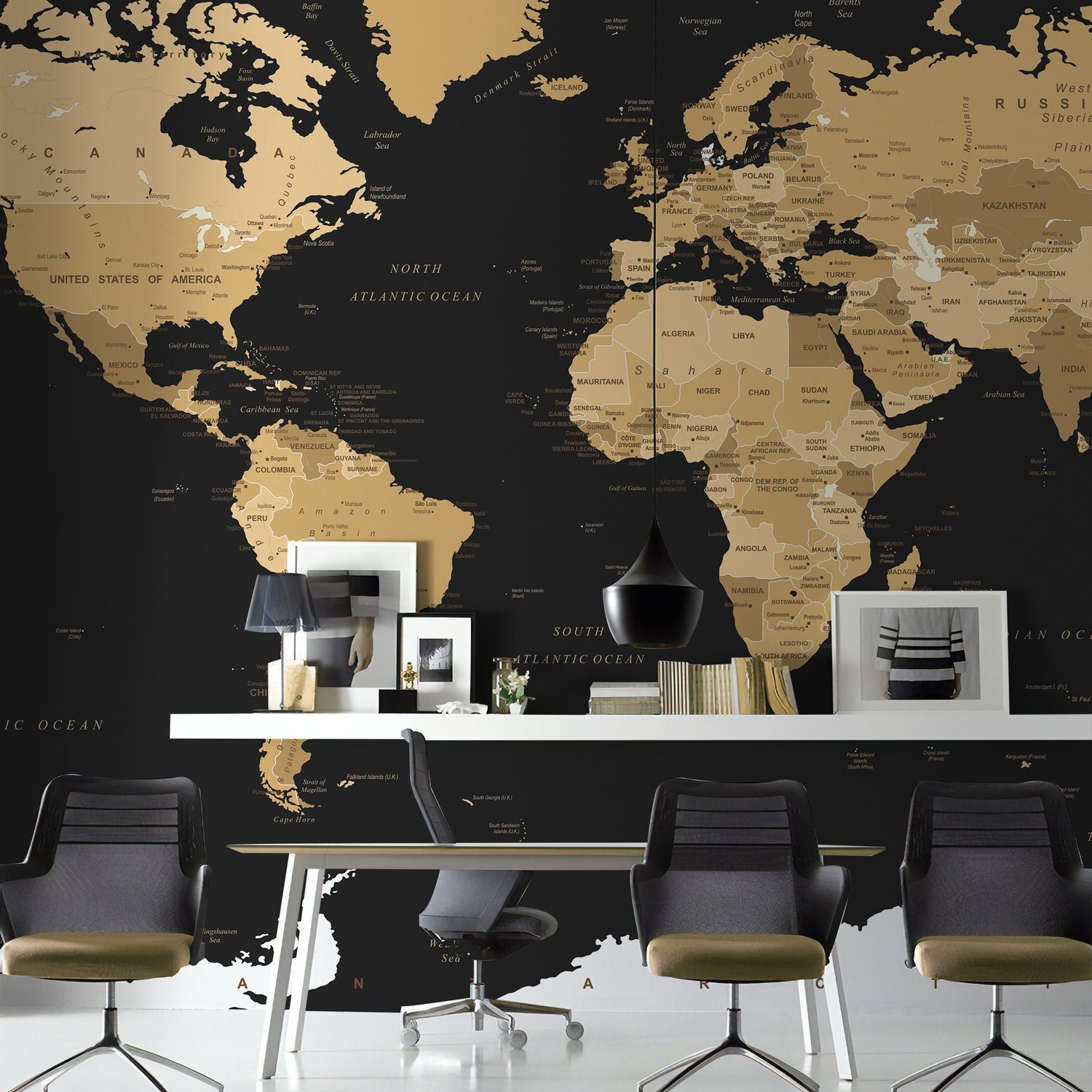 Black Political World Map Wallpaper Mural - Peel and Stick