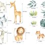 Kinder Aquarell Safari Tiere mit Tropischen Blättern Wandtattoo