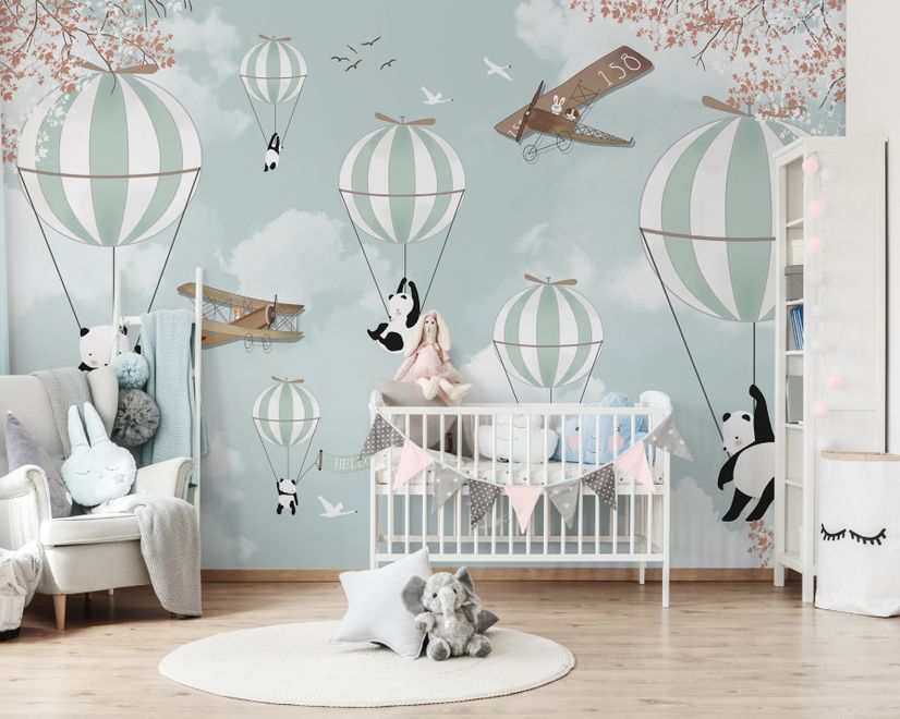 Cartoon Pandas with Hot Air Balloons Wallpaper Mural