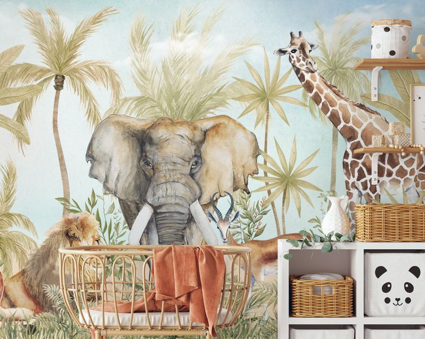 Watercolor Safari Animals in Forest Wallpaper Mural