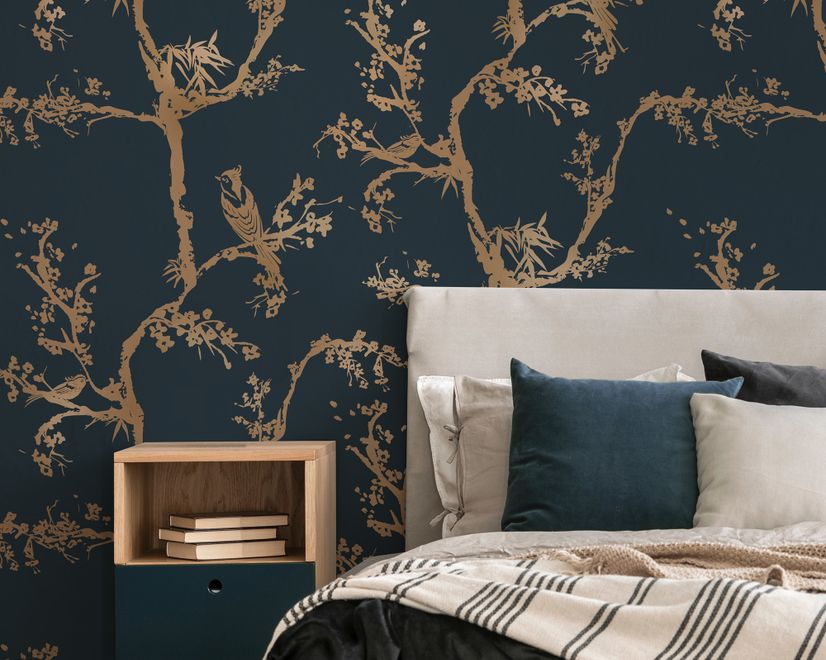 Gold Faux Tree Blossom Branch Silhouette with Birds Wallpaper Mural