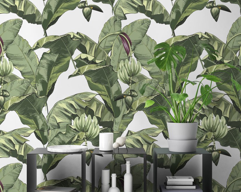 Papier peint feuilles banane tropicales vertes fleurs calla