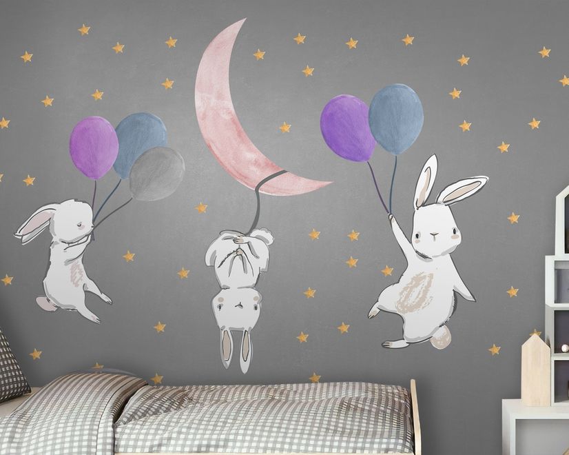 Kids Cartoon Rabbits with Colorful Balloons and Moon Wall Decal Sticker