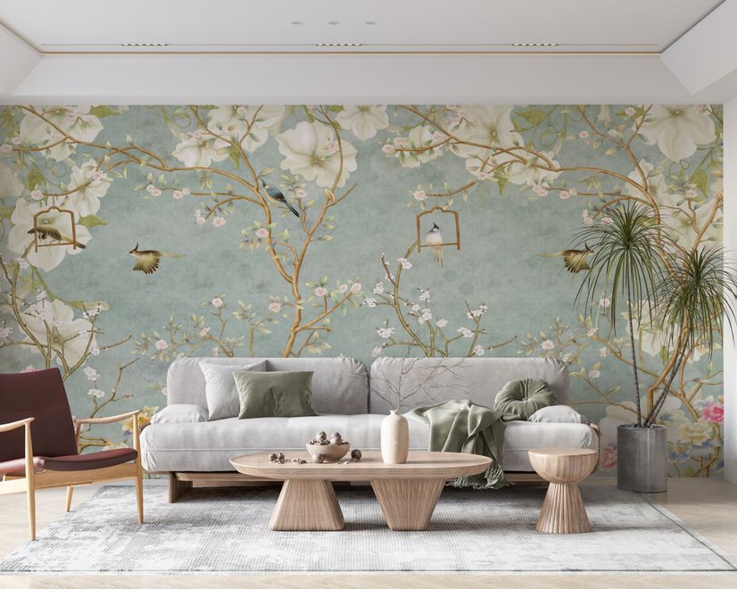 Soft Chinese White Florals with Birds Wallpaper Mural