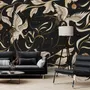 Dark Crane Birds and Brown Retro Florals Wallpaper Mural