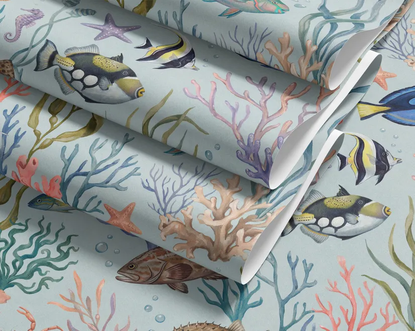 Modern coastal wallpaper with watercolour tropical fish, coral, seaweed, shells and bubbles on light aqua-blue
