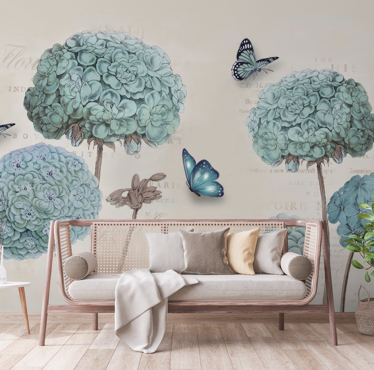 Light Blue Hydrangea Flowers and Butterflies Wallpaper Mural - Peel and Stick
