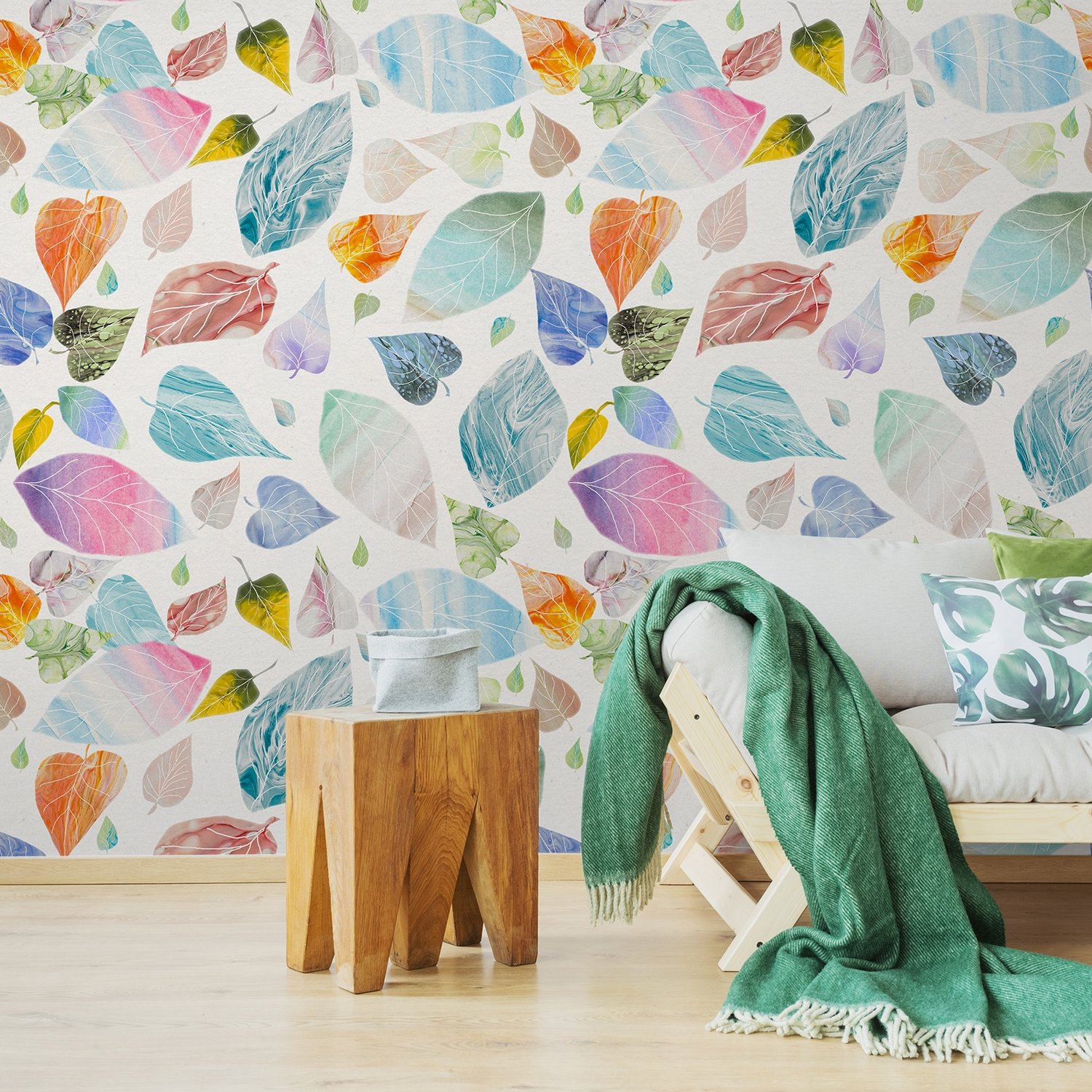 Colorful Leaf Pattern Wallpaper Mural - Peel and Stick