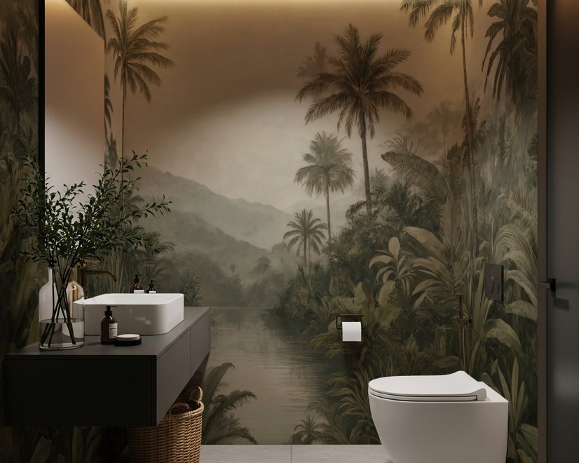 Misty tropical forest wallpaper with palms, pale river and hazy hills in muted green sepia