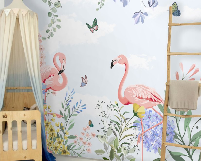 Flamingo with Colorful Floral Wallpaper Mural