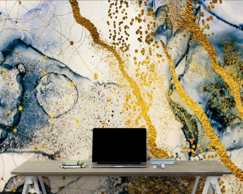 Dunkelblaue Ozean-Pinselstriche mit Goldstil-Wellen Fototapete