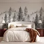 Monochrome forest with fog wallpaper mural showing tall pine trees, firs and silver-grey mist