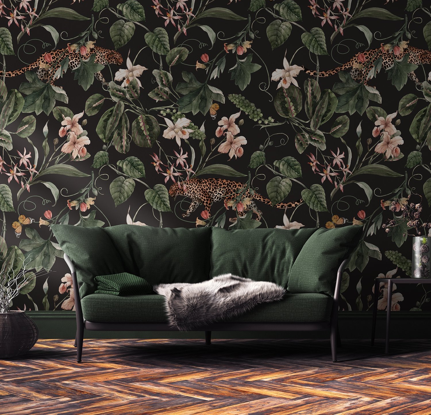 Watercolor Dark Tropical Art with Leopard Wallpaper Mural - Peel and Stick