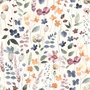 Watercolour floral wallpaper repeat with navy, blue, blush and peach wildflowers on warm cream
