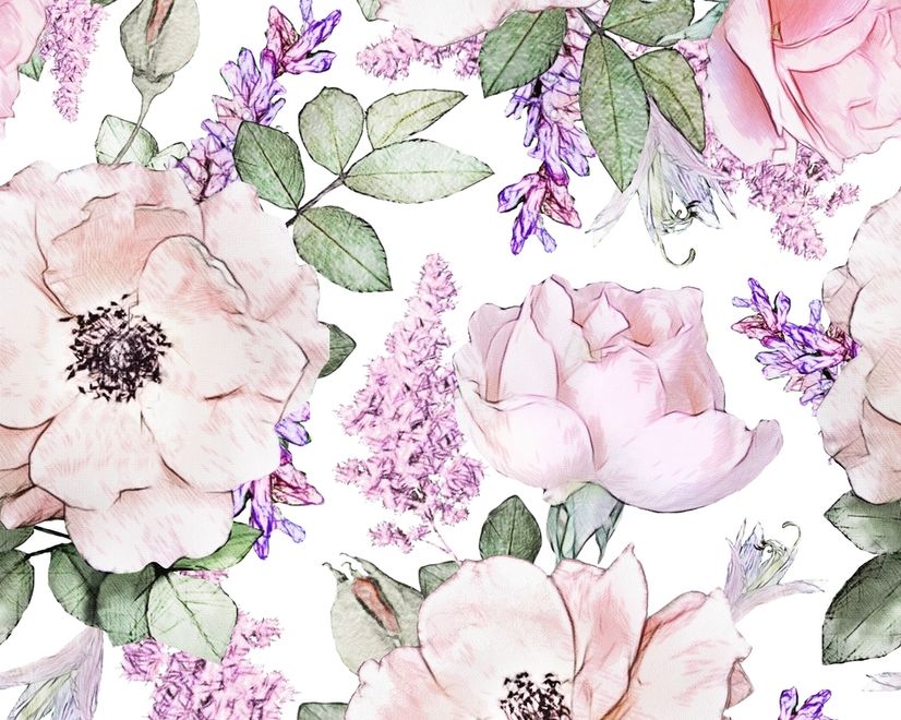 Watercolor Pink Floral Pattern with Wisteria Wallpaper Mural