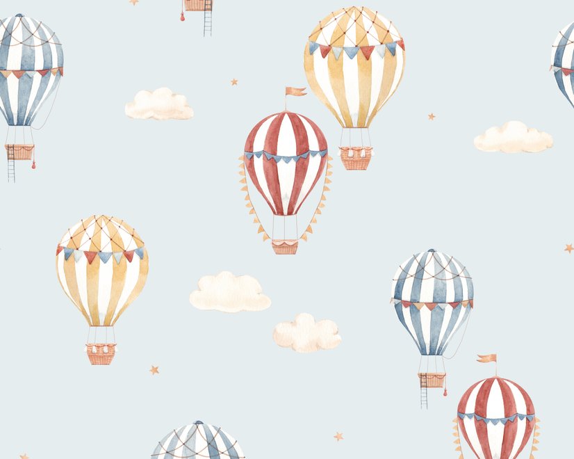 Hot air balloon wallpaper with watercolor balloons, ivory clouds and peach gold stars on pale powder blue
