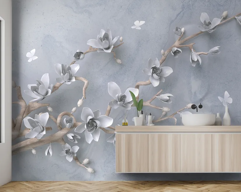 Artistic Magnolia Flowers and Branches Wallpaper Mural