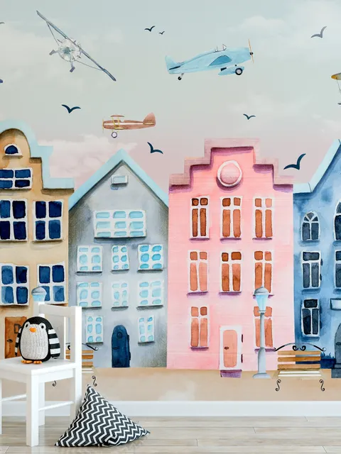 Helicopters on Colorful Amsterdam Style Houses Wallpaper Mural