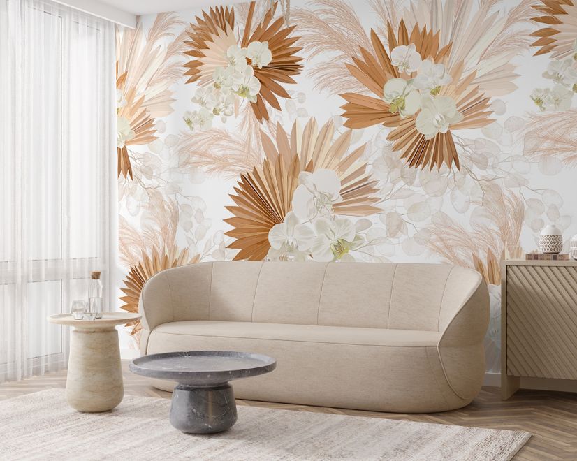 Neutral Boho Plants with Palm Leaf Wallpaper Mural