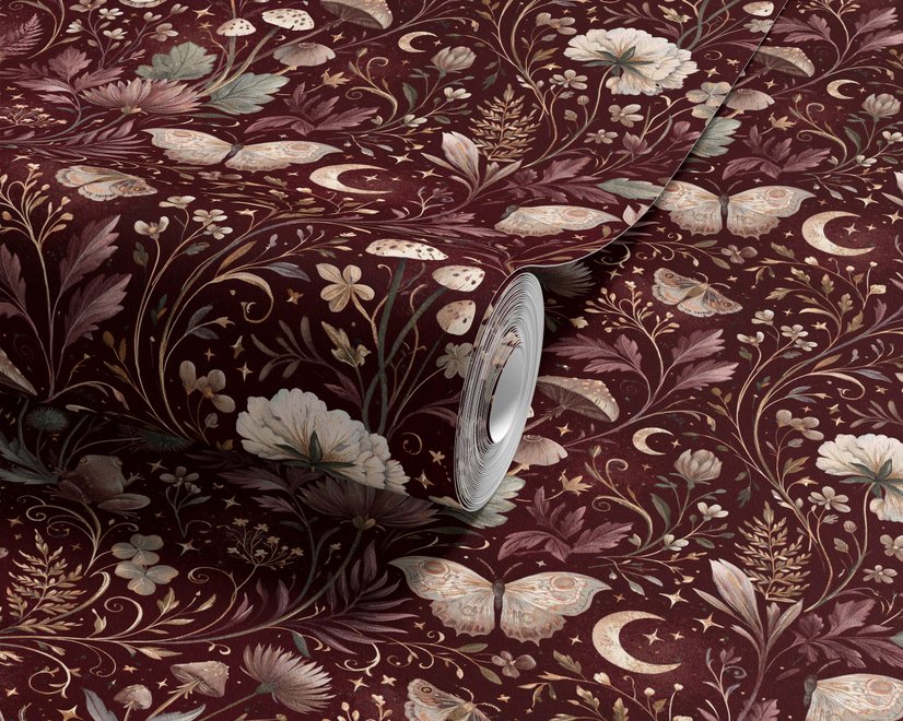 Pink butterflies wallpaper on a claret ground with cream flowers, moons, stars and spotted mushrooms.