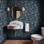 Aquarium fish tank wallpaper repeat with tropical fish, coral, seaweed, shells and bubbles on deep navy blue