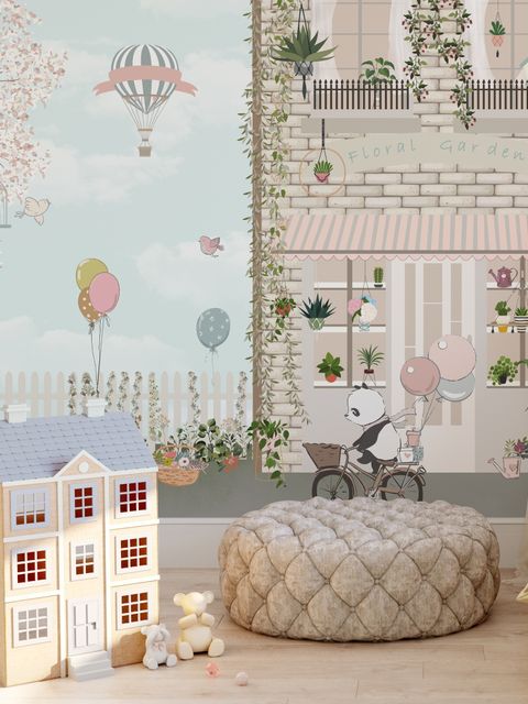 Panda-Bär mit Ballons vor einem Blumengarten - Fototapete für Kinderzimmer