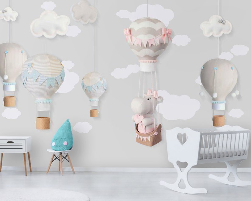 Papier peint petites montgolfières et nuages