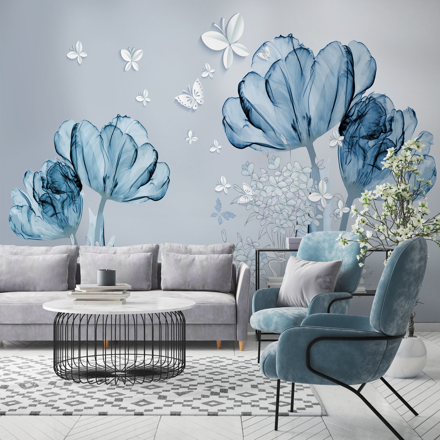 Blue Transparent Floral and White Butterflies Wallpaper Mural - Peel and Stick