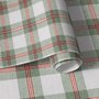 Sage green and cream-white tartan plaid wallpaper with deep red stripes and woven thread texture