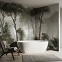 Forest in fog wallpaper with tall pine trees, grey mist, shrubs and a spiky palm in watercolour.