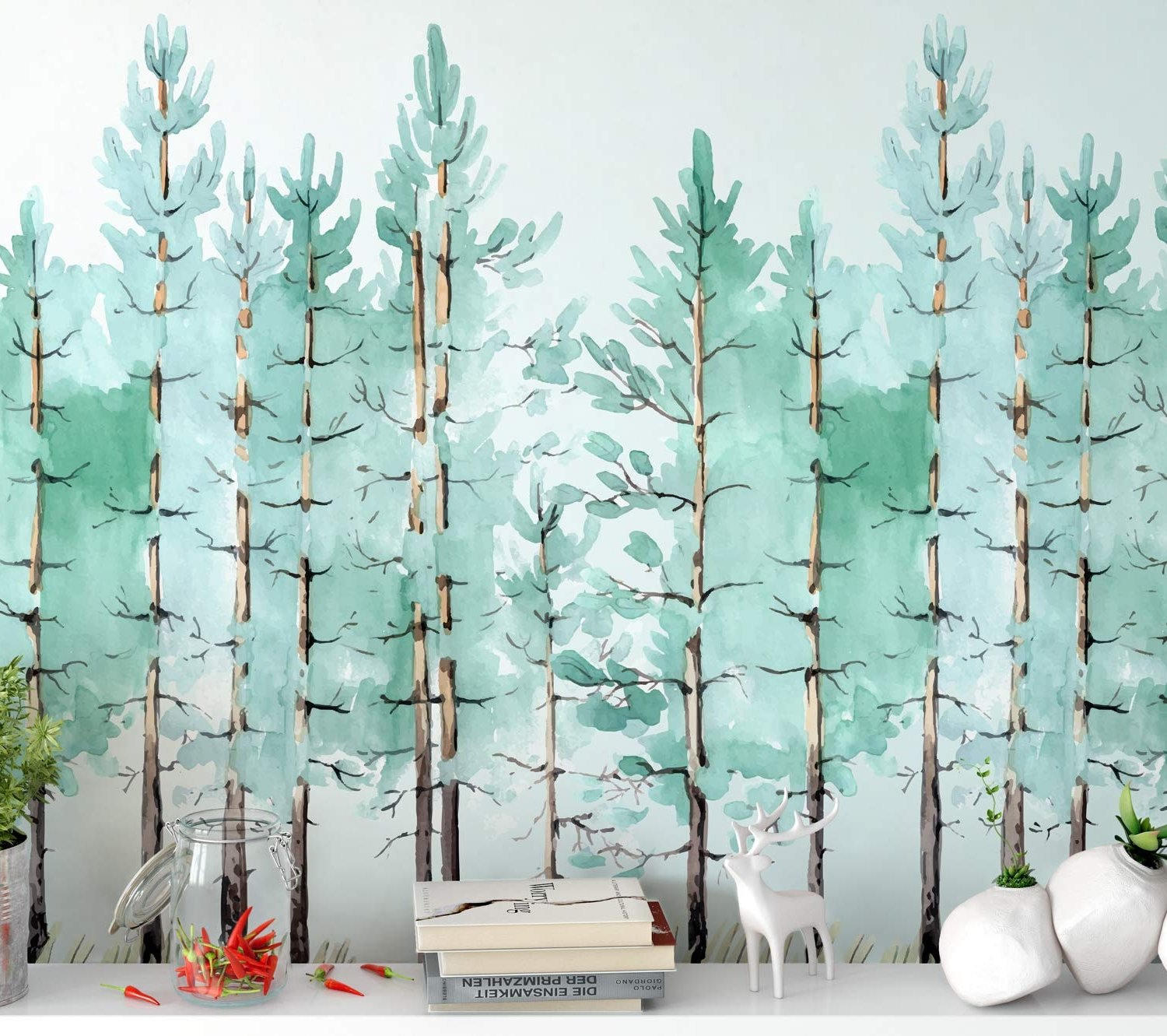 Pine Tree Painting Wallpaper Mural - Peel and Stick