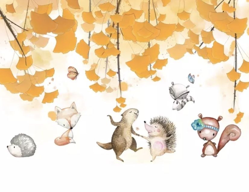 Autumn Leaves with Cartoon Animals Wallpaper Mural