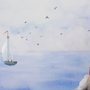 Aquarell Leuchtturm und Segelboot Fototapete