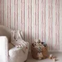 Watercolor stripe leaf wallpaper with burgundy dots and heart leaves on a bright white ground
