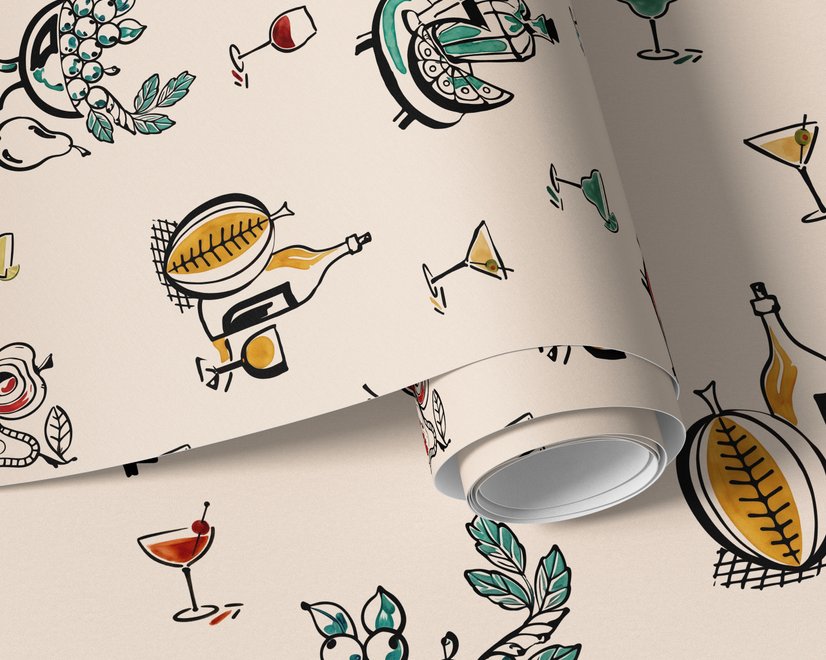 Bar area wallpaper with hand drawn cocktails, liquor bottles, citrus and fruit bowls on warm cream