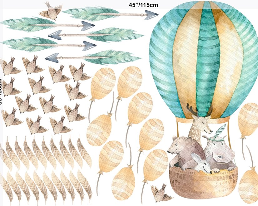 Stickers muraux montgolfière aquarelle avec animaux et plumes colorées pour enfants