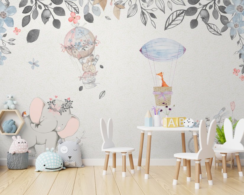 Baby-Elefant mit Heißluftballons Fototapete