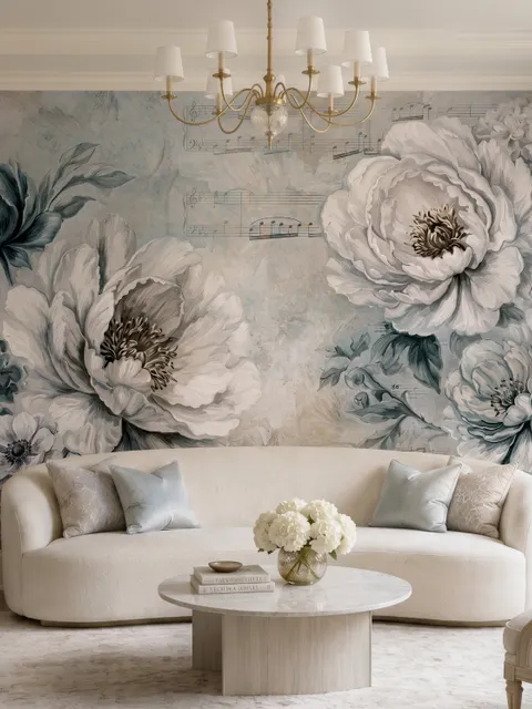Papier peint panoramique floral avec des notes de musique