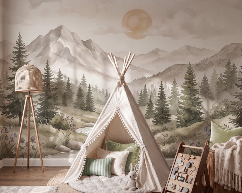 Papier Peint Panoramique Scène de Montagne et Forêt de Pins Neutre pour Chambre d'Enfant