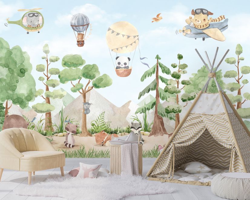 Kids Forest Animals with Flying Animals Wallpaper Mural