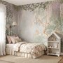 Watercolour nature wallpaper with lilac wisteria, pale trees, sage foliage and small songbirds around a misty clearing