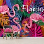 Papier peint panoramique flamant rose avec feuilles colorées