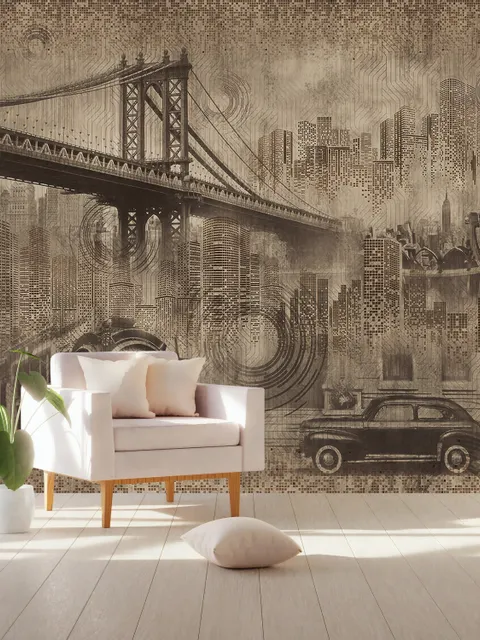 European Vintage City with Brooklyn Bridge Wallpaper Mural