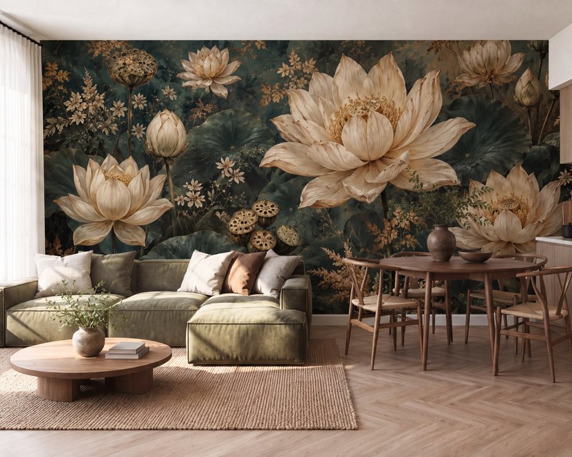 Ivory lotus flowers and seed pods on charcoal teal lily pads in a botanical lotus wallpaper mural