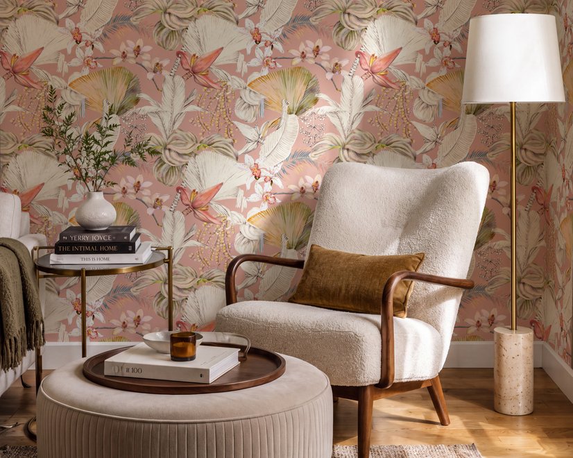 Pink tropical wallpaper with ivory fan palms, orchids, coral blossoms and sage foliage on dusty rose