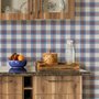 Blue and red plaid wallpaper with denim blue, cream and sky blue woven checks and fine red stripes