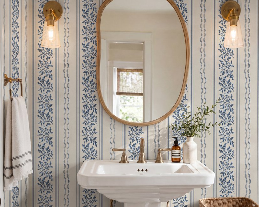 Blue wallpaper with indigo botanical stripework, pinstripes and dotted borders on warm cream parchment